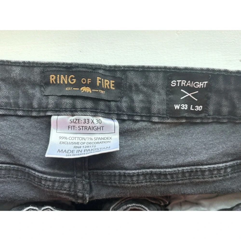 Ring of Fire Mens Black Distressed Straight Stretch Jeans 33x29‎ Mid Rise Grunge